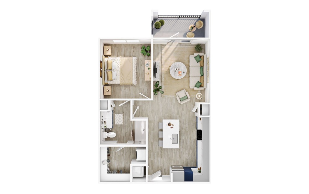 A2 - 1 bedroom floorplan layout with 1 bathroom and 732 - 746 square feet (3D)