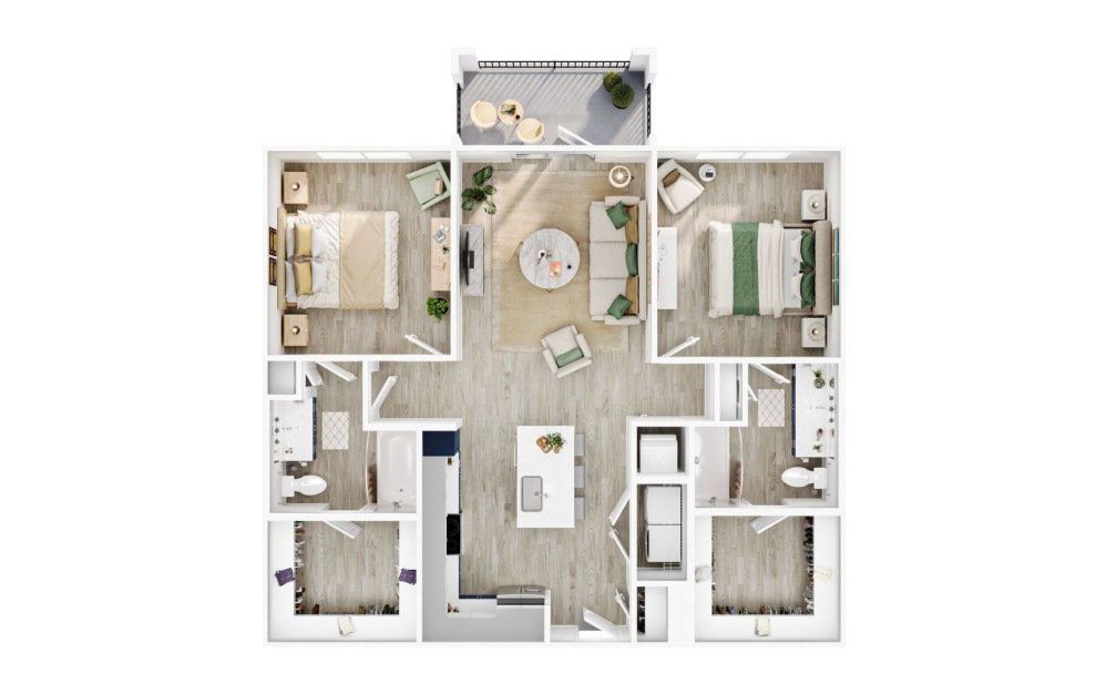 B1 - 2 bedroom floorplan layout with 2 bathrooms and 1087 - 1129 square feet (3D)