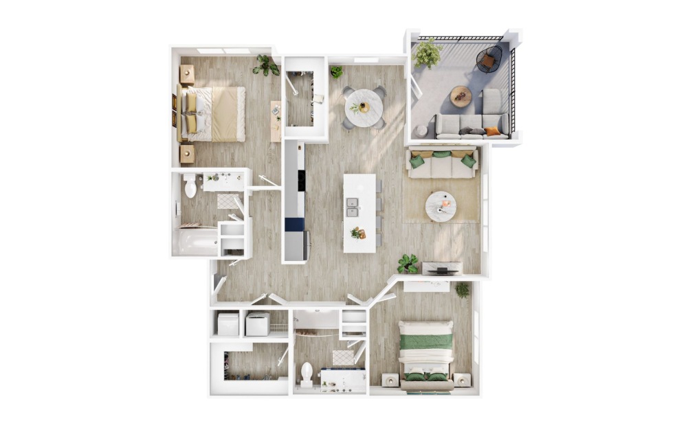 B2 - 2 bedroom floorplan layout with 2 bathrooms and 1199 square feet (3D)